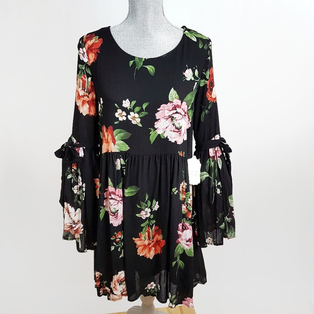 Altar'd State Floral Black Bell Sleeve Dress SizeM